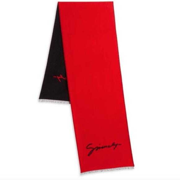 Givenchy Scarf Red Black Logo Design - Wool Silk Shawl - Picture 1 of 10